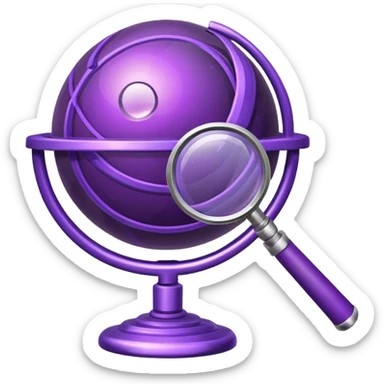 Minimal purple icon: a planet with connecting lines and a magnifying glass. Glossy, transparent background. sticker