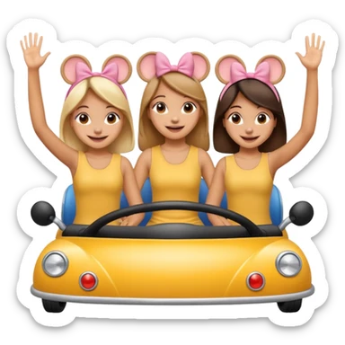 quatro chicas montadas en una atraccion de levantando la mano con orejas de dines puestas sticker