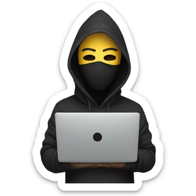 anonymous with laptop with black hoodie and having a mask  sticker
