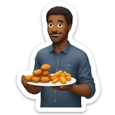 A guy eating a chicken nugget that's getting eaten by chicken nugget sticker