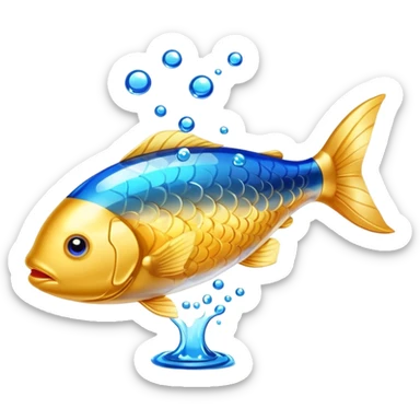 Golden omega-3 fish oil capsule with small fish swimming around it, blue liquid waves, brain and heart benefits visualization sticker