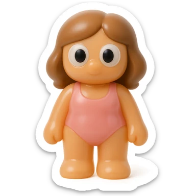 full-body beach girl, retro 90's toy style, very transparent and slightly see-through, natural tan skin, brown hair, pink swimsuit, large round derpy eyes like reference turtle, soft plastic texture, soft reflections, soft and squishy, some cloudiness, not shiny, highly detailed, appealing, no tag, no background sticker