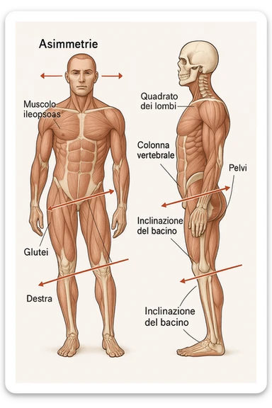 Uomo con problemi di asimmetrie e bacino inclinato, visione anatomica in italiano sticker
