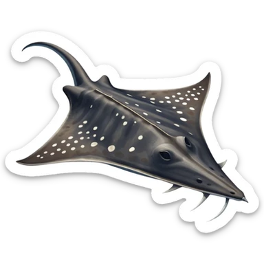 Spotted eagle sting ray with wide wingspan and long spike sting tail at posterior end viewed from above sticker