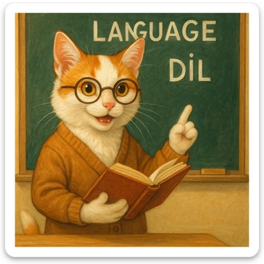 A Turkish cat wearing glasses, holding a book, teaching about language, in a classroom setting, expressive and friendly sticker