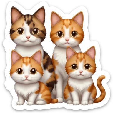 3 small cats different colours including brown tabby and white, patchy calico, and ginger and white sticker