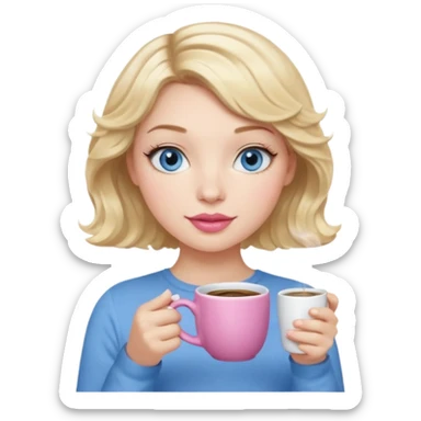 Girl Blonde short wavy hair,  blue eyes, cute blue top, long lashes, pink lips, holding coffee mug sticker