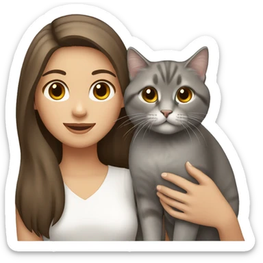 Brown straight hair girl holding Siberian gray cat  sticker