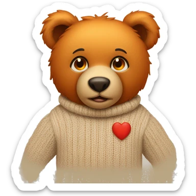 Orange eyes teddy bear wearing a beige sweater with a red heart in the middle sticker