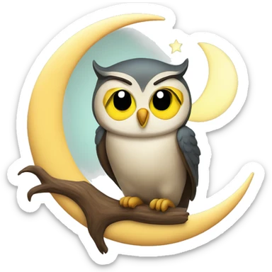 Happy owl emoji sitting on crescent moon face sticker