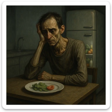 symbolic realism, cinematic lighting, muted colors; thin, exhausted man at a minimalist kitchen table, plate with lettuce leaves and a tomato slice, frustrated and tired face, sunken eyes, cold empty kitchen, closed fridge with healthy foods inside, expressive details sticker