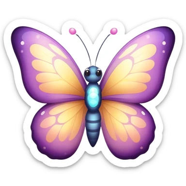 Cinematic Cute Butterfly Portrait Emoji, Head tilted playfully and inquisitively, featuring a charming, petite form with intricately detailed, softly tinted wings and round, sparkling eyes full of gentle wonder, Simplified yet irresistibly adorable features, highly detailed, glowing with a warm, inviting pastel glow, high shine, affectionate and lively, stylized with a touch of whimsical garden charm, soft glowing outline, capturing the essence of a mischievous butterfly that seems as if it could dance out of the screen into your arms! sticker