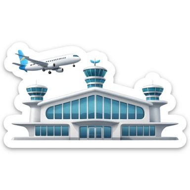 A 3D cartoon airport terminal building with glass windows and airplanes nearby, clean lighting, Memoji-style rendering. sticker