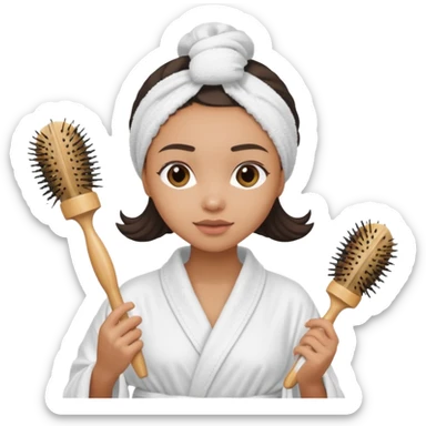 lightskin Women wearing shower robe and their hair with towel holding a brush sticker