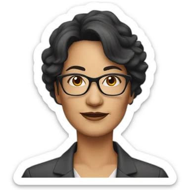 middle-aged accounting woman with black midhair, a frindge and glasses sticker