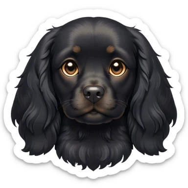 Cinematic Cute Black Cocker Spaniel Portrait Emoji, Head tilted playfully and inquisitively, featuring a glossy black coat with delicate tan accents, round, sparkling dark eyes brimming with curiosity, Simplified yet irresistibly adorable features, highly detailed, glowing with a warm, friendly glow, high shine, affectionate and lively, stylized with a touch of whimsy, bright and endearing, soft glowing outline, capturing the essence of a mischievous yet loving pup, so playful it feels like it could bound out of the screen and into your arms! sticker