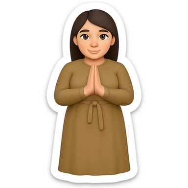 Make the woman have a normal, buxom body, standing and praying from the front view, wearing a long tan dress, with dark brown hair, in emoji style. Remove the background completely. sticker