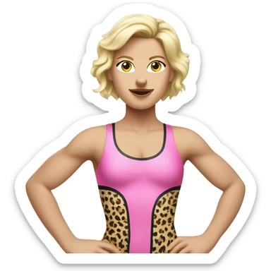 Tall blonde Caucasian woman wrestler wearing a pink leopard print leotard blowing a kiss sticker