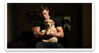 Photo of a musculated man holding puppy golden retriver, low key light sticker
