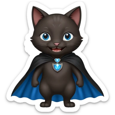 an all black anthropomorphic cat with blue eyes wears an all black cape and is smiling a mischievous sharp tooth grin sticker