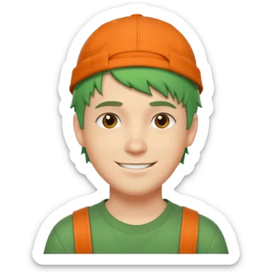 smiling white guy with short messy green hair, orange backwards cap, urban street style sticker
