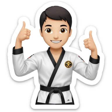 Perfecto pero el uniforme debe ser de taekwondo de ATA cinturón negro con un logo de mambo negra y realizando este gesto sonriendo 👍🏼 sticker