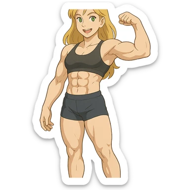 full body pose of a muscular white girl with blonde hair and green eyes, flexing 6 pack abs and one arm bicep sticker