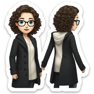 full length girl in a black coat, glasses with big blue eyes and white skin and curly brown long hair and aristocratic high cheekbones sticker
