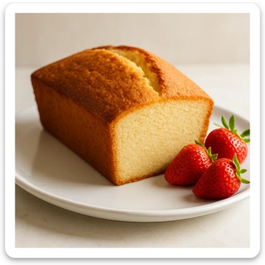 a pound cake loaf with a few strawberries on the side sticker