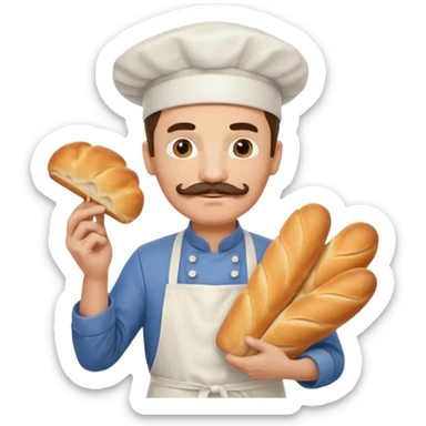 Middle aged male pastry chef - with a mustache, apron, white hat, holding bread sticker