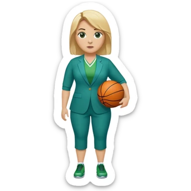 Full Body white plus size female basketball head coach using a clipboard with medium length blonde hair in a blue and green suit sticker