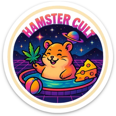 circular Discord server icon, centered composition of a hamster cult weed and cheese pool party at night, retro 80s style with neon colors, grid backgrounds, cool space elements like stars and planets sticker
