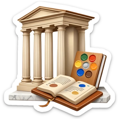 An icon featuring a paint palette, a sculpture, and a book, symbolizing the study of culture and art. The design includes a classical column and a canvas, representing art history and cultural exploration. Transparent background highlights the connection between creativity and history. sticker