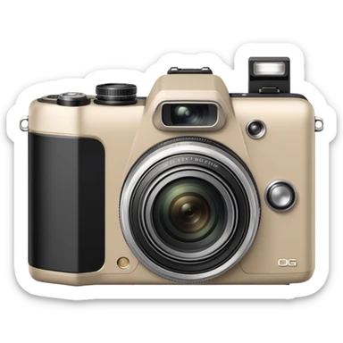 Ultra minimal Olympus Superzoom 70G camera, grayish-beige color, just basic rectangular shape with a tiny circle for lens, absolute minimum details sticker