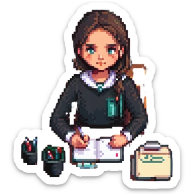 A girl preparing for exams, sitting at a desk with books and notes, looking focused and determined, in a pixel art style. sticker