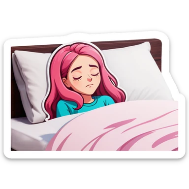 Young Woman with long pink hair In bed with sinus pain  sticker