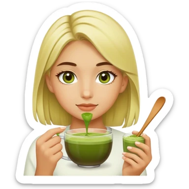 a blondie girl with olive eyes enjoying her matcha sticker