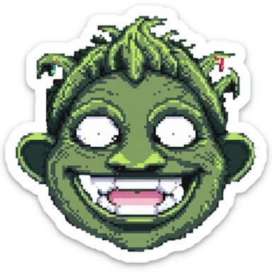 Pixelated troll face meme with signature grin, YouTube style sticker