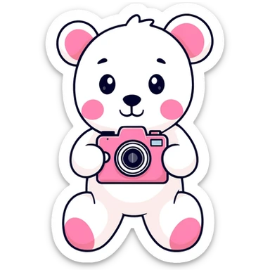 White Teddy bear with a pink camera sticker