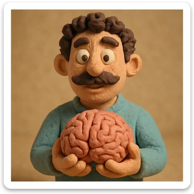 Enhance the claymation man holding a brain by adding more depth and dimension to the image. Make him more attractive and quirky, inspired by the first version, with dark curly hair, thick mustache, light skin, claymation style, visible fingerprints, and pastel colors. sticker