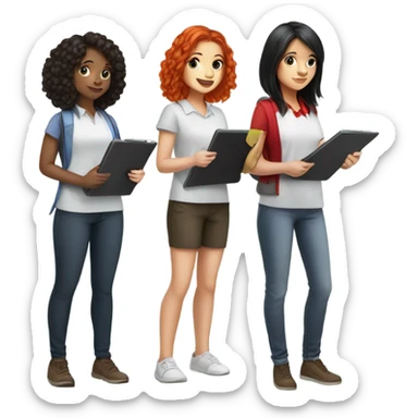 Girl with black hair, brunette girl, and bright red hair girl conducting surveys on clipboards and ipads sticker