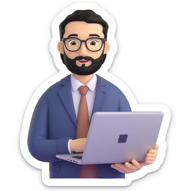 same professional man with medium black beard, neat black hair, connected unibrow, olive tan skin, brown eyes, glasses, prominent nose, in business casual attire, holding laptop under arm sticker