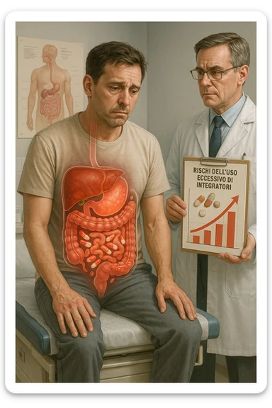 a man sits on a doctor’s examination table, looking fatigued and uncomfortable. A transparent anatomical overlay reveals his liver and intestines, both appearing inflamed and congested, with stylized supplement capsules and pills scattered throughout the digestive tract. The doctor stands nearby, holding a chart that highlights the risks of excessive supplement use. The mood is clinical and educational. in italiano iperrealistica sticker