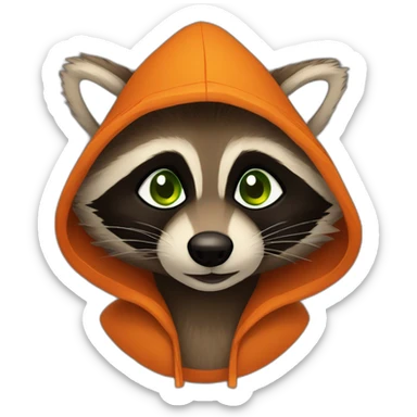 brown raccoon with orange eyes and a dark green hood that is smiling sticker