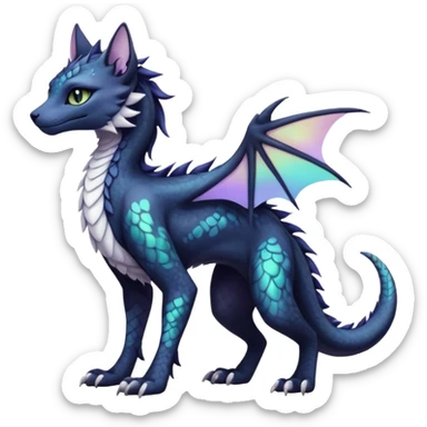 Kawaii black pastel iridescent beautiful pretty elegant divine edgy fantasy feline-vernid-sergal-Haku-dragon-fursona animal creature, full body with intricate markings  sticker