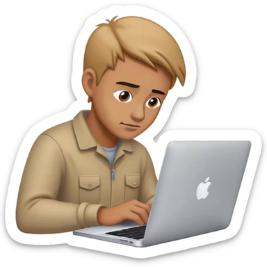 man working on his macbook laptop looking down sticker