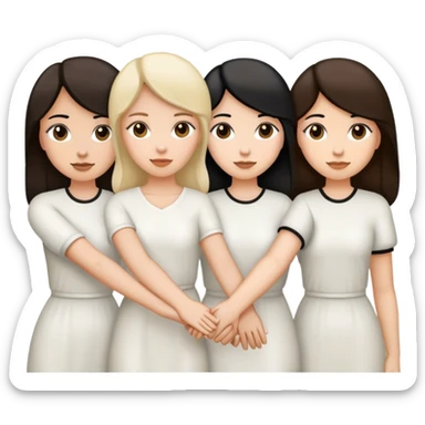 Three women holding hands, all white, one with dark blonde hair, one with black hair, and one with dark brown hair sticker