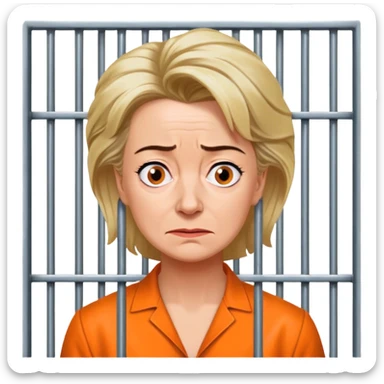 Make a picture of 'Ursula von der Leyen' wearing an orange jumpsuit and behind bars make her look worried but only about herself sticker