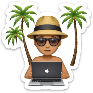 An open laptop on the beach. bildschirm ist schwarz und im hintergrund sind palmen, meer sticker