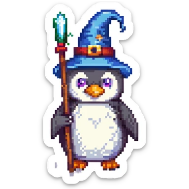 A penguin wizard with a wizard hat and a magic staff sticker